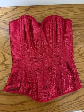 Frederick's of Hollywood Red Sequin Corset Top with Contrast Boning Size Small